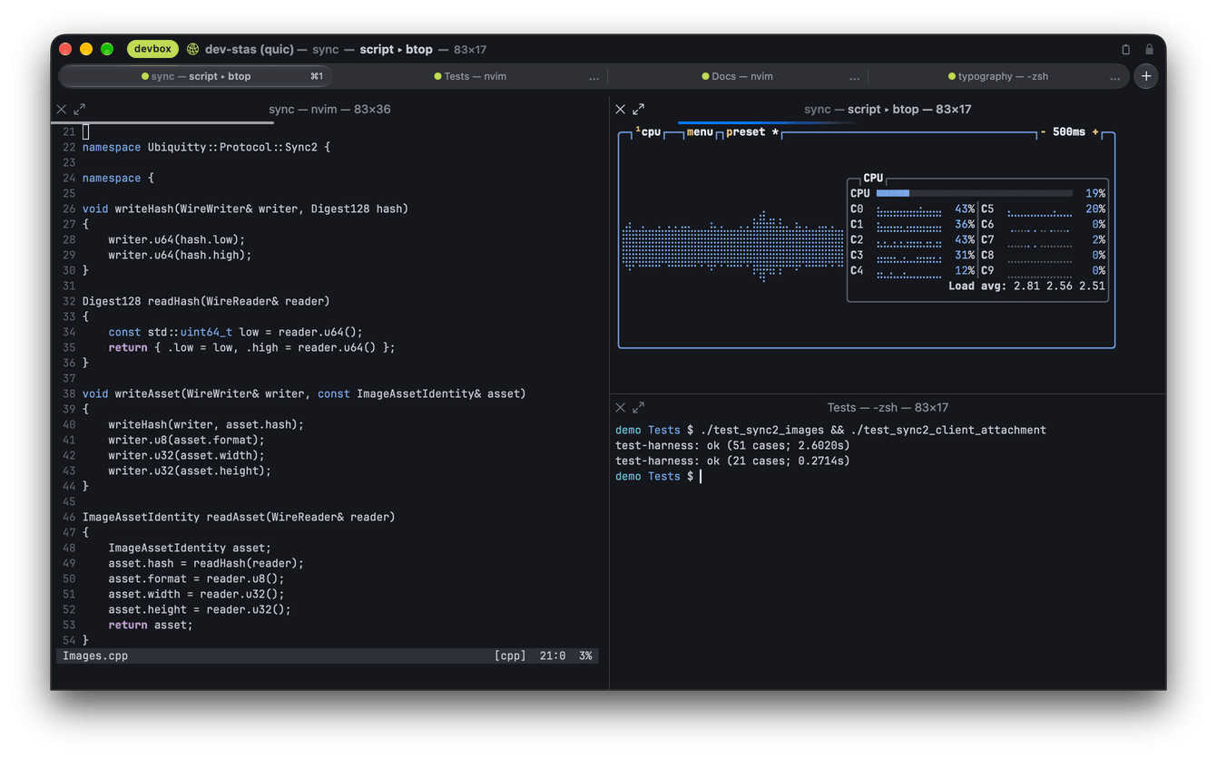A QUIC workspace in Noir with four tabs, a green devbox tag, source code, passing tests, live braille CPU graphs and blue pane progress.