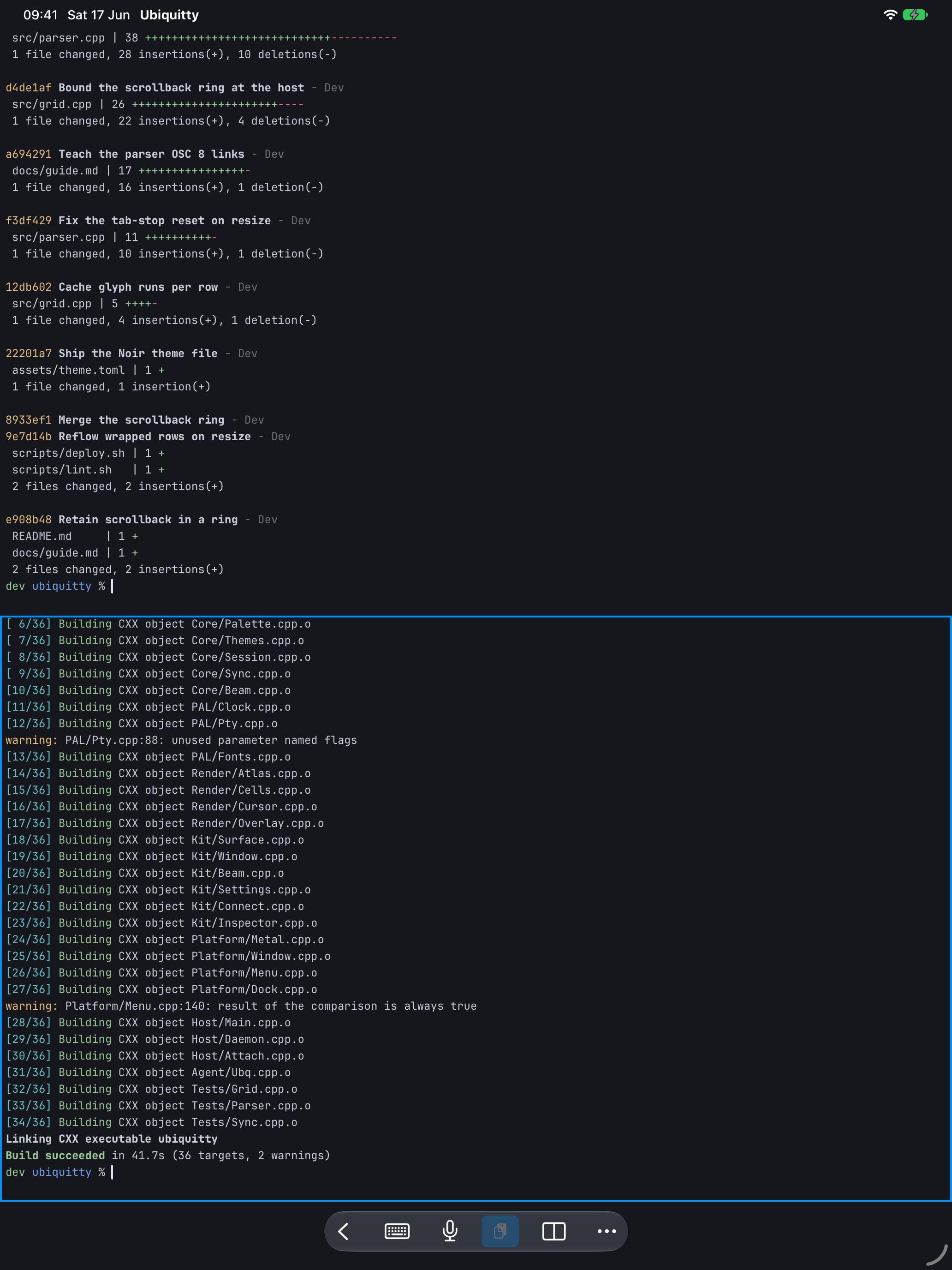 An iPad with two stacked terminal panes of one host session's tab: a coloured git log with file statistics on top and compiler output ending in Build succeeded below, the focused pane outlined in blue, and the app's toolbar at the bottom.