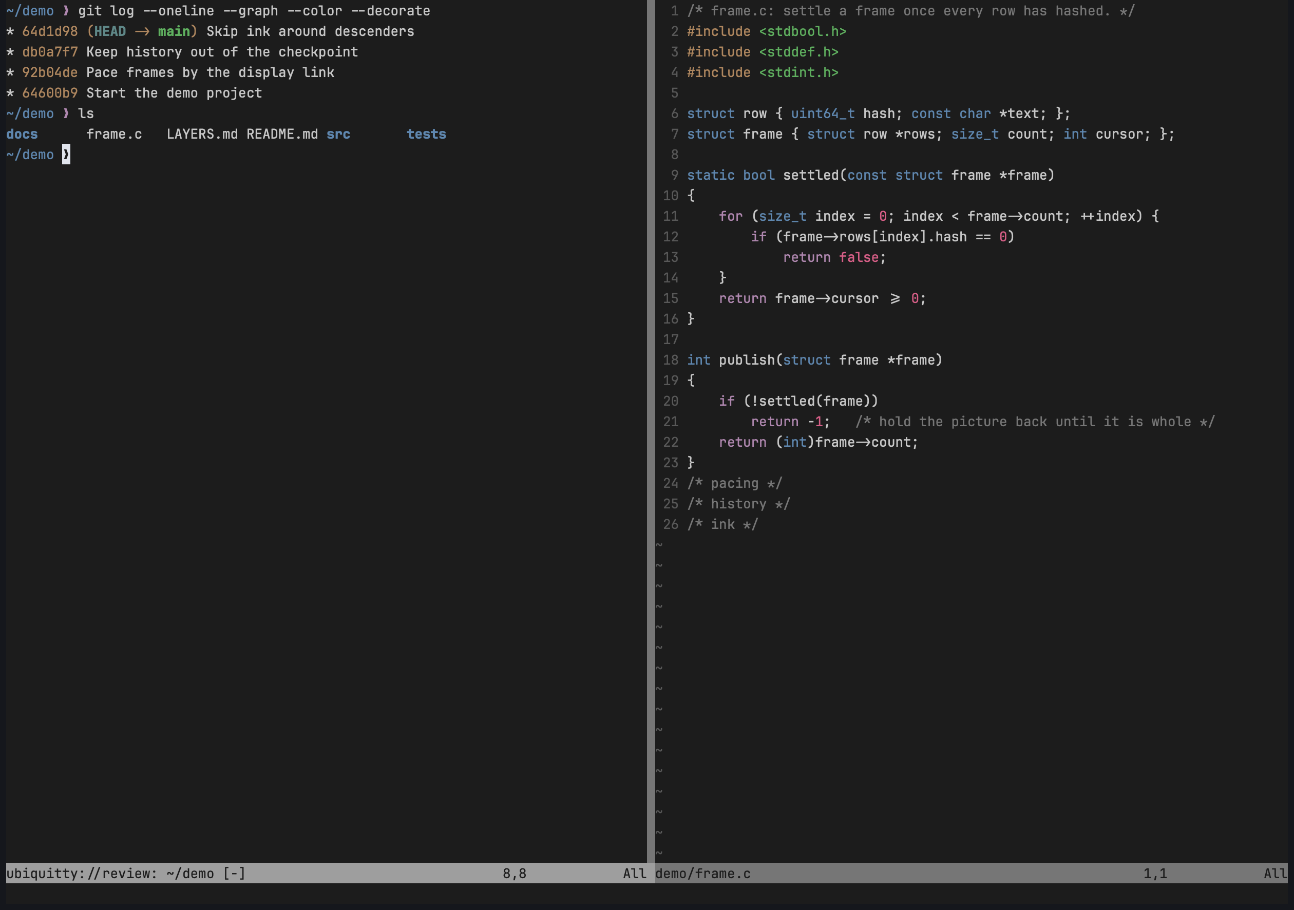Neovim split vertically: on the left a terminal buffer named ubiquitty://review: ~/demo, attached to a host session and showing a coloured git log graph and a directory listing; on the right frame.c with line numbers. Neovim's status line runs under each window.