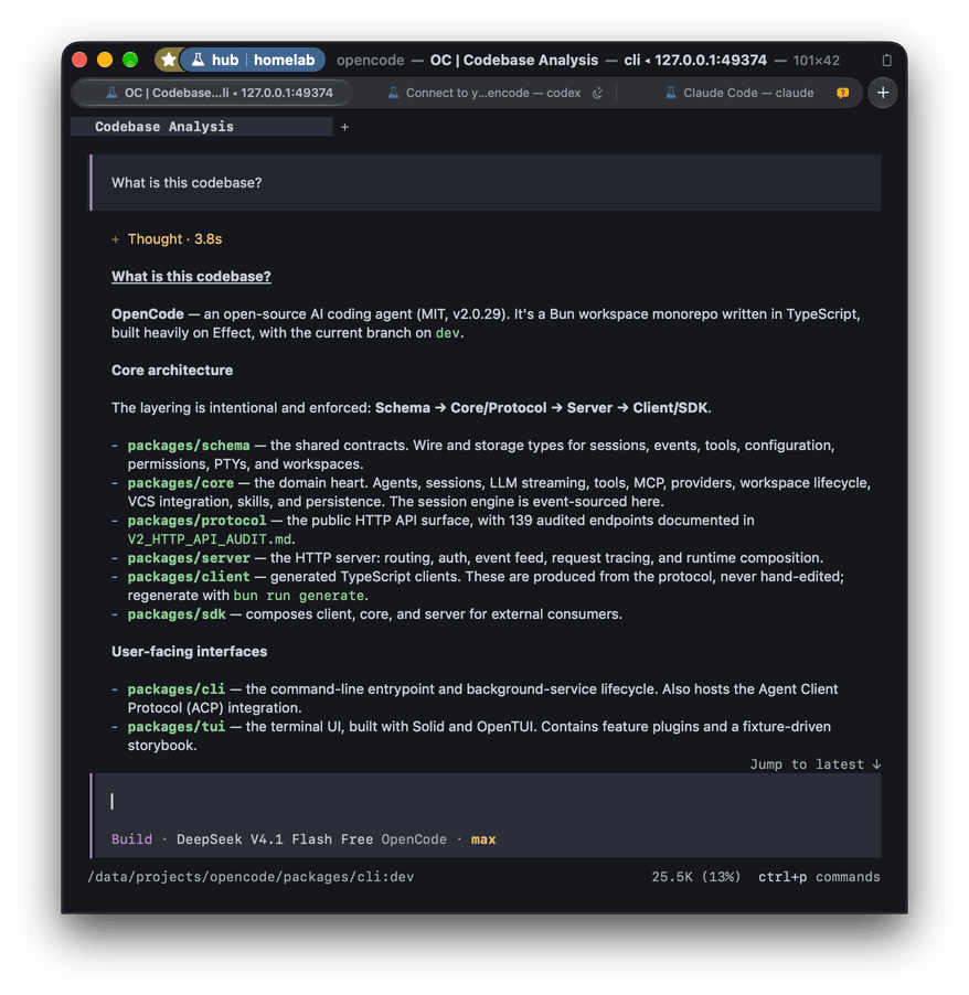 OpenCode in a native Ubiquitty window in the dark theme, attached through the Ubiquitty host to a session on a Linux machine: its answer about the OpenCode codebase written as rich text, in proportional type, with package names and commands in monospace. The title bar names the host, hub, with a starred homelab tag, and the tabs name their programs: OpenCode, Codex with a sleep mark, and Claude Code with an orange question mark where it waits for an answer.