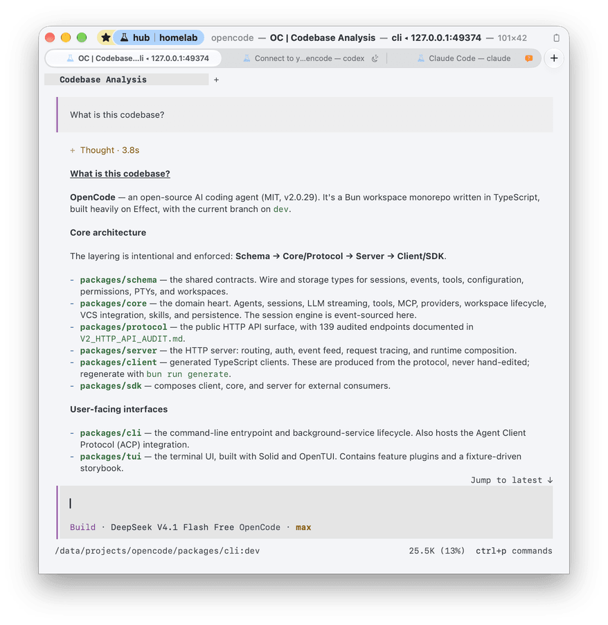 OpenCode in a native Ubiquitty window in the light theme, attached through the Ubiquitty host to a session on a Linux machine: its answer about the OpenCode codebase written as rich text, in proportional type, with package names and commands in monospace. The title bar names the host, hub, with a starred homelab tag, and the tabs name their programs: OpenCode, Codex with a sleep mark, and Claude Code with an orange question mark where it waits for an answer.