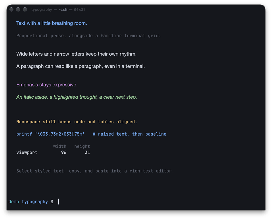 A local Ubiquitty window with proportional prose, bold and italic lines, alongside monospaced code and an aligned table.