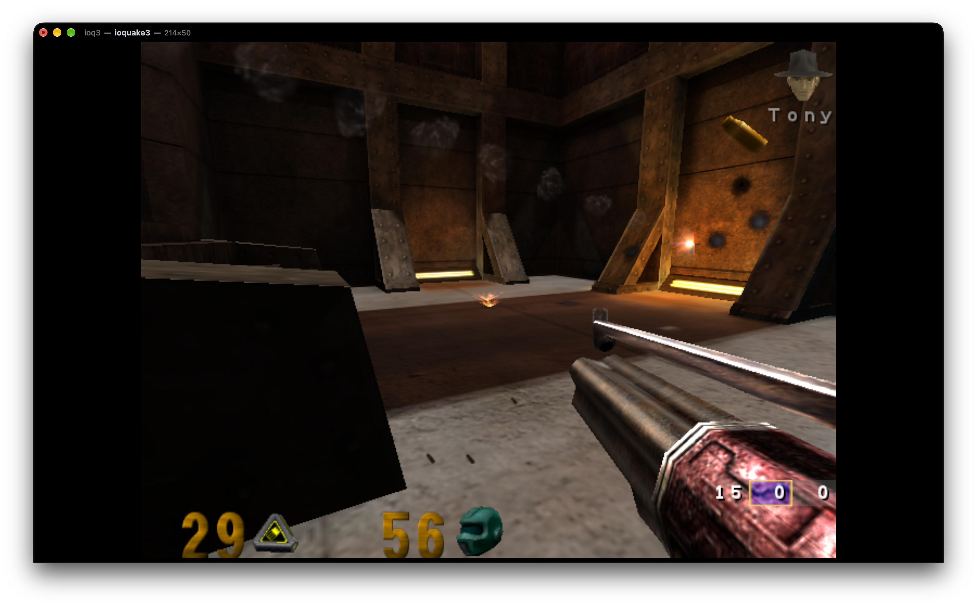 Quake III gameplay inside a native Ubiquitty window, with the ioquake3 process in the title and black letterboxing around the game.