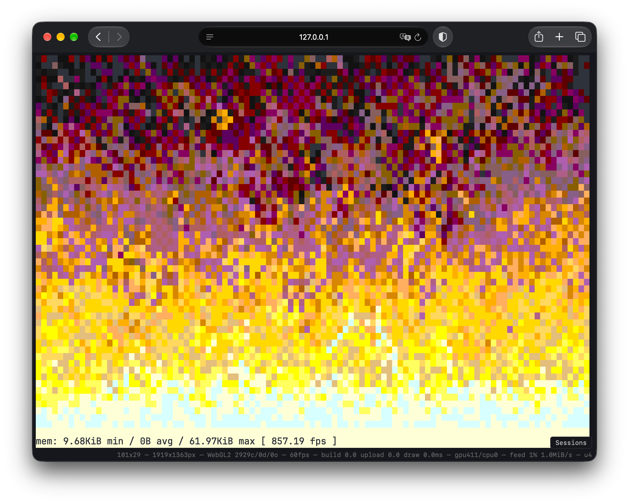 DOOM Fire drawn as coloured terminal cells in Ubiquitty Web, inside a Safari window connected to localhost.